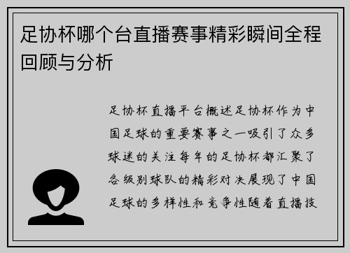 足协杯哪个台直播赛事精彩瞬间全程回顾与分析